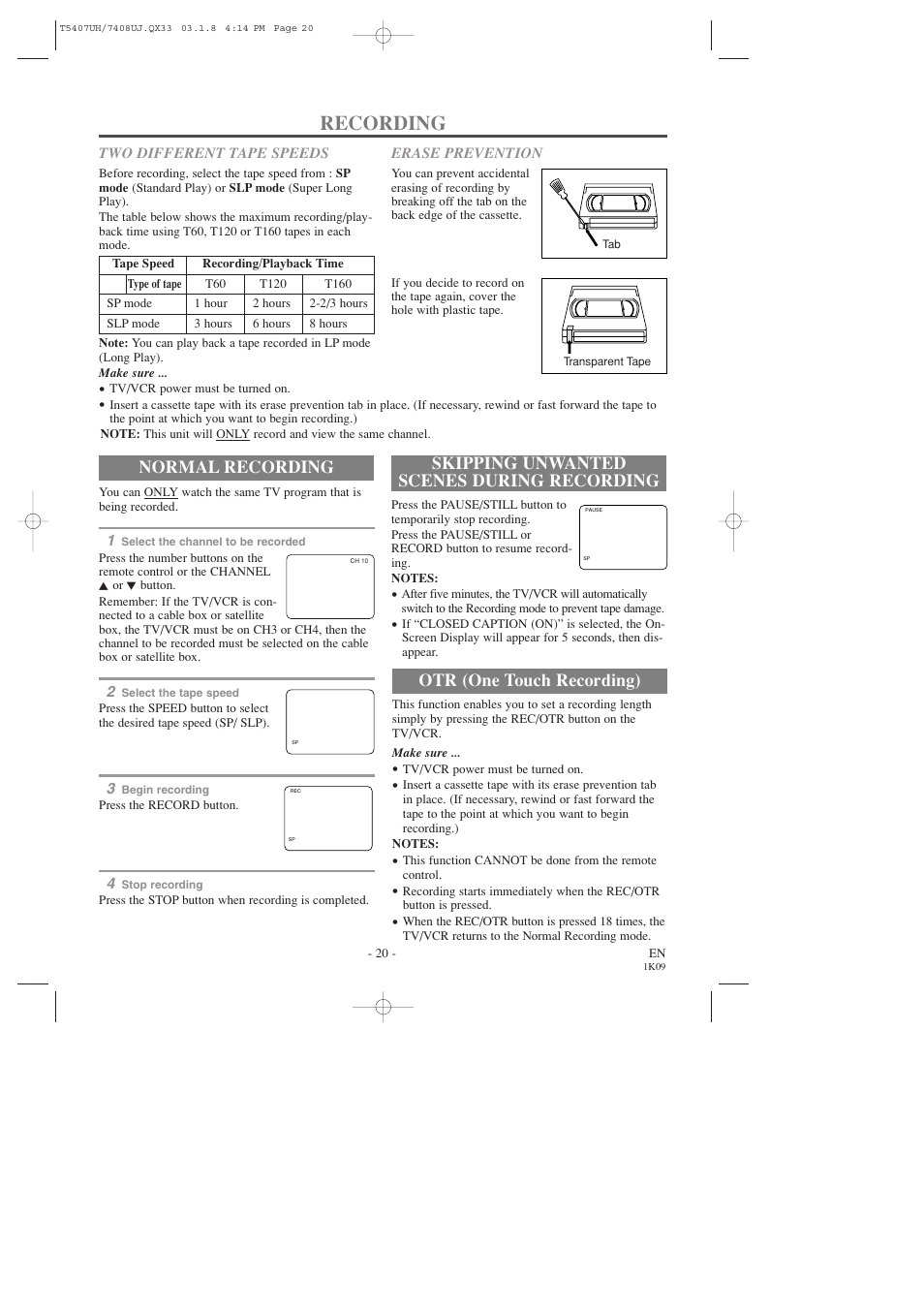 Recording, Normal recording, Skipping unwanted scenes during recording | Otr (one touch recording) | Sylvania SRC2319 User Manual | Page 20 / 32