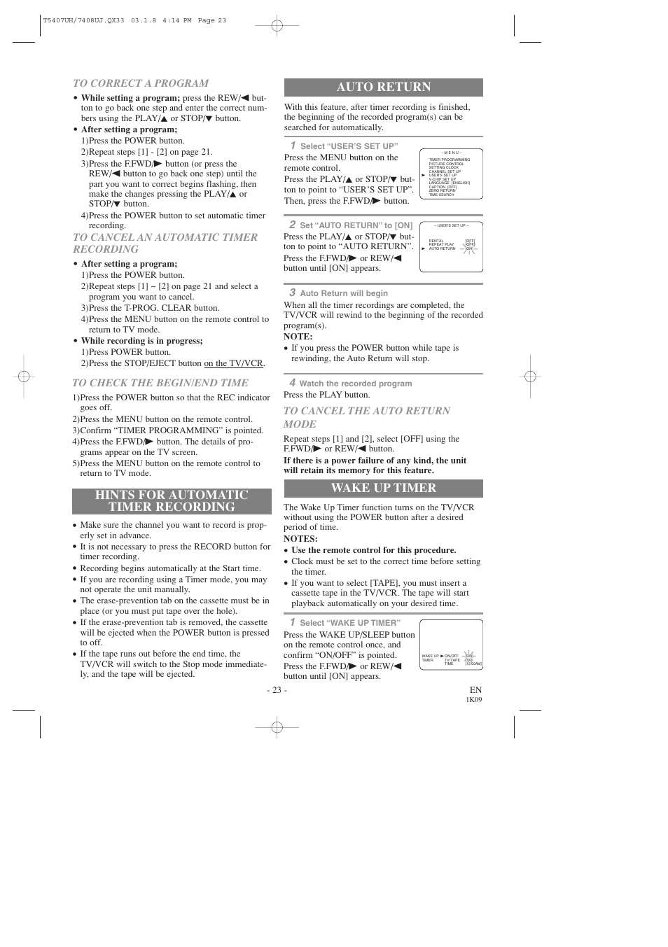 Hints for automatic timer recording, Auto return, Wake up timer | Sylvania SRC2319 User Manual | Page 23 / 32