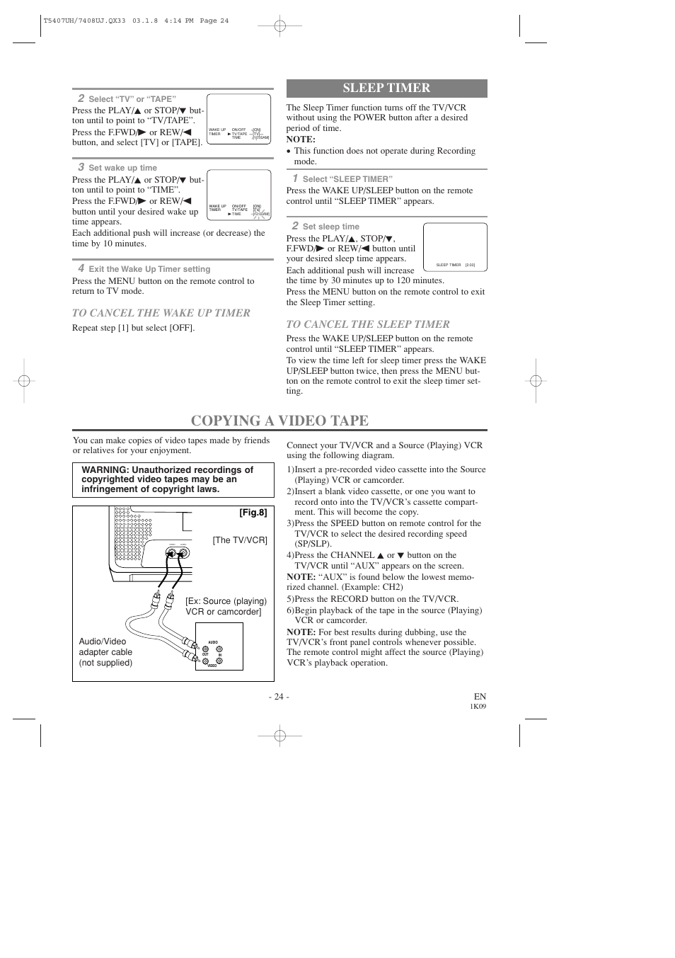 Copying a video tape, Sleep timer | Sylvania SRC2319 User Manual | Page 24 / 32