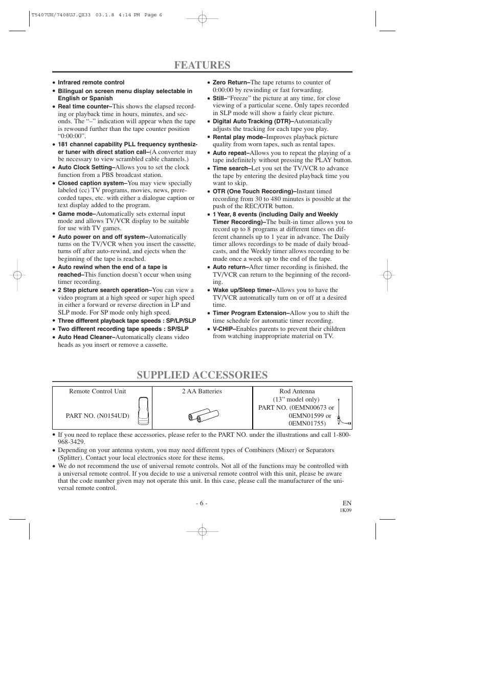 Features, Supplied accessories | Sylvania SRC2319 User Manual | Page 6 / 32