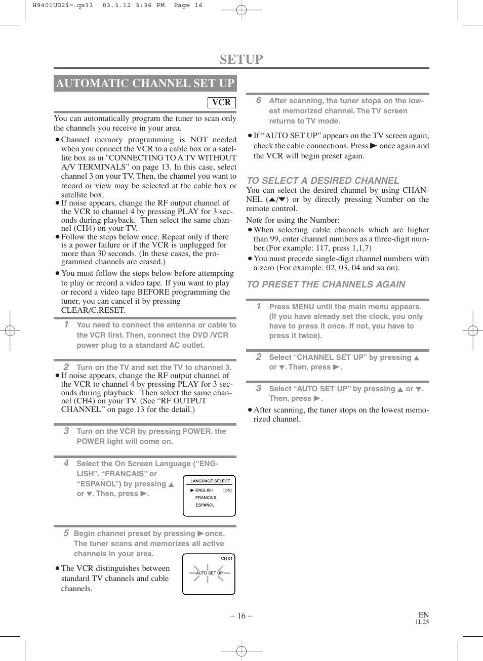 Setup, Automatic channel set up | Sylvania SSD803 User Manual | Page 16 / 44