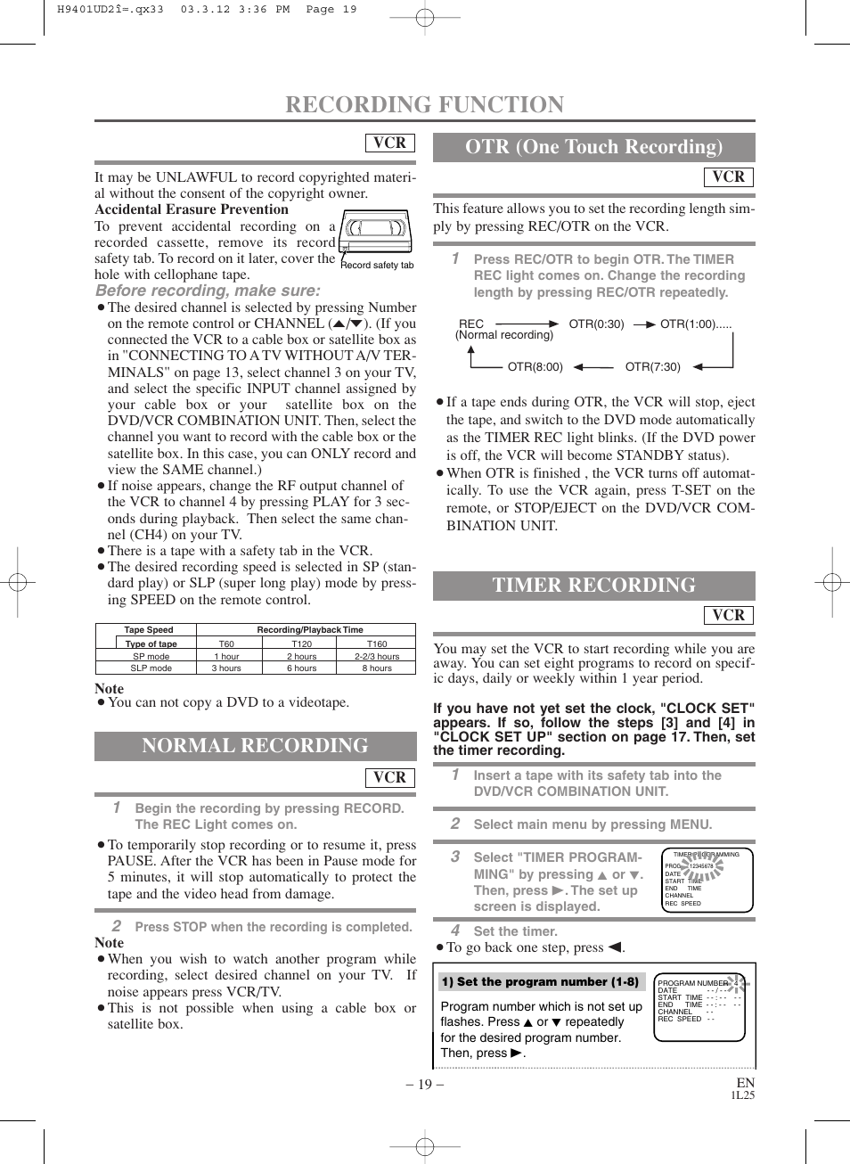 Recording function, Timer recording, Otr (one touch recording) | Normal recording, Before recording, make sure | Sylvania SSD803 User Manual | Page 19 / 44