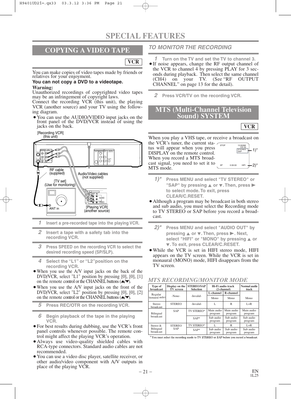 Special features, Copying a video tape, Mts (multi-channel television sound) system | Mts recording/monitor mode, You can not copy a dvd to a videotape | Sylvania SSD803 User Manual | Page 21 / 44