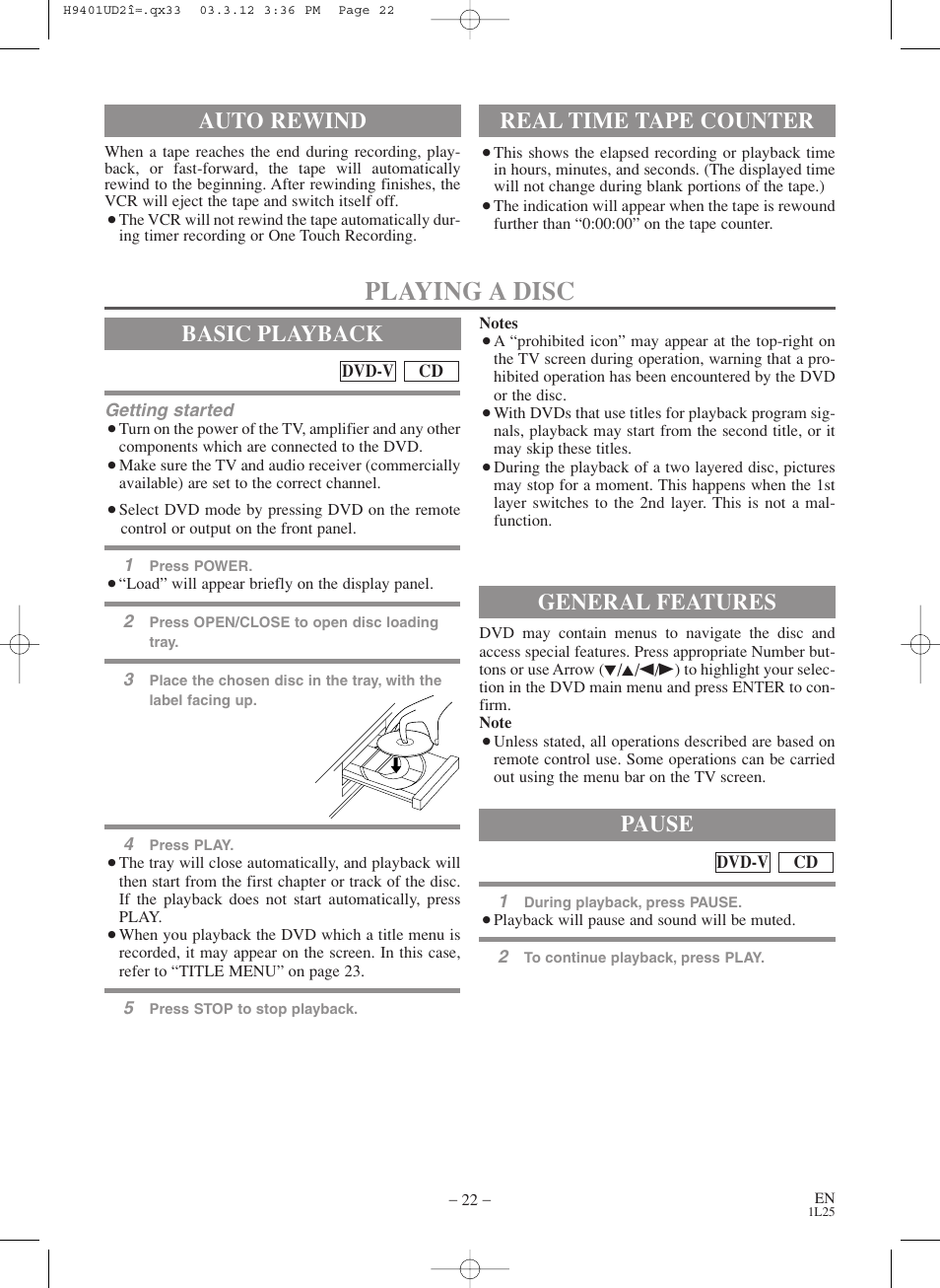Playing a disc, Basic playback, Auto rewind | Real time tape counter, General features, Pause | Sylvania SSD803 User Manual | Page 22 / 44