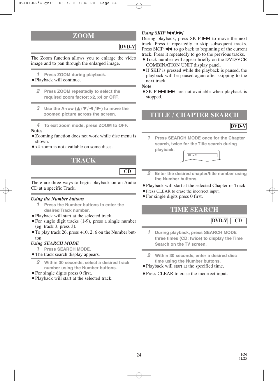 Track, Zoom, Title / chapter search | Time search | Sylvania SSD803 User Manual | Page 24 / 44