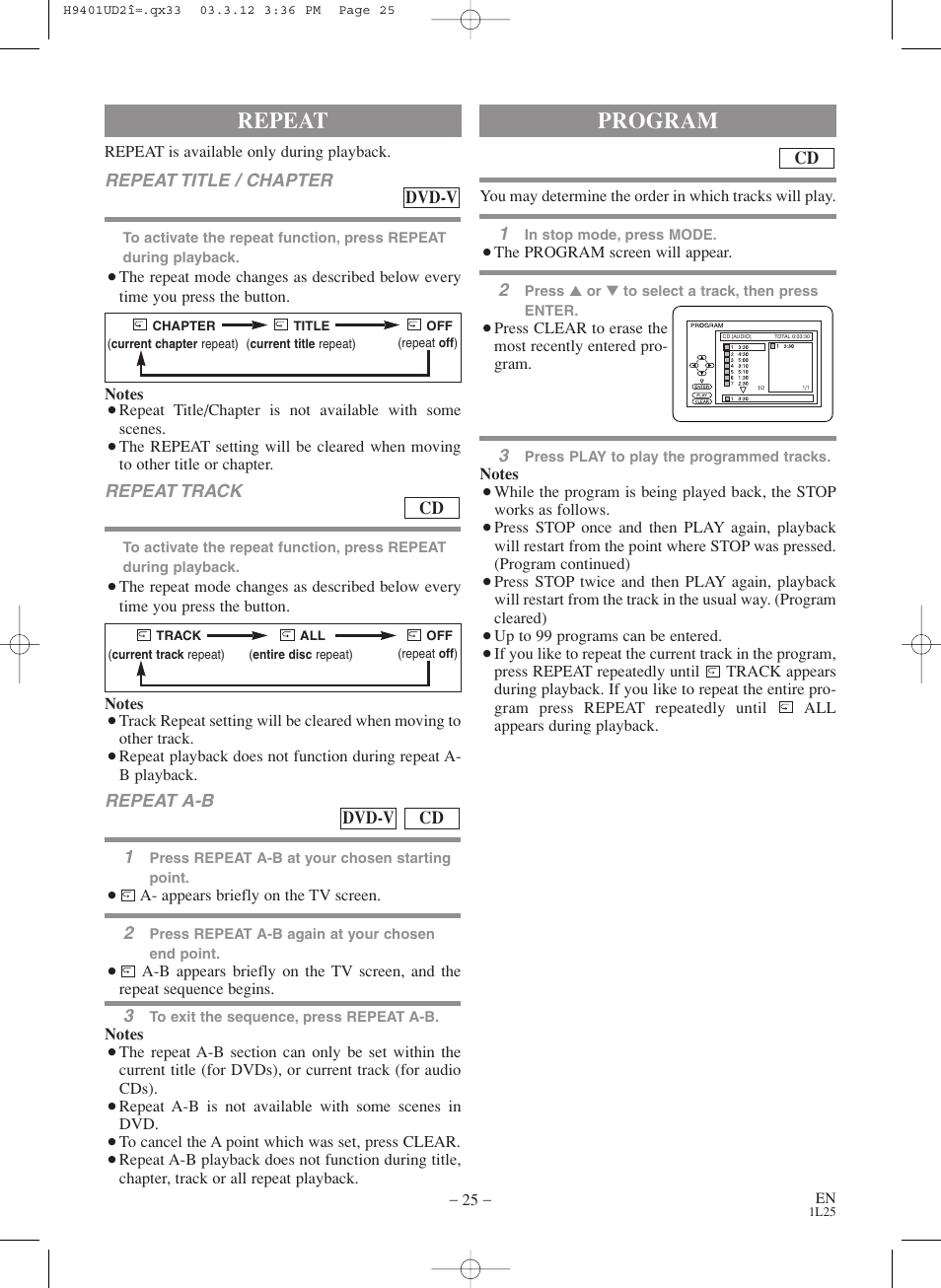 Repeat, Program | Sylvania SSD803 User Manual | Page 25 / 44