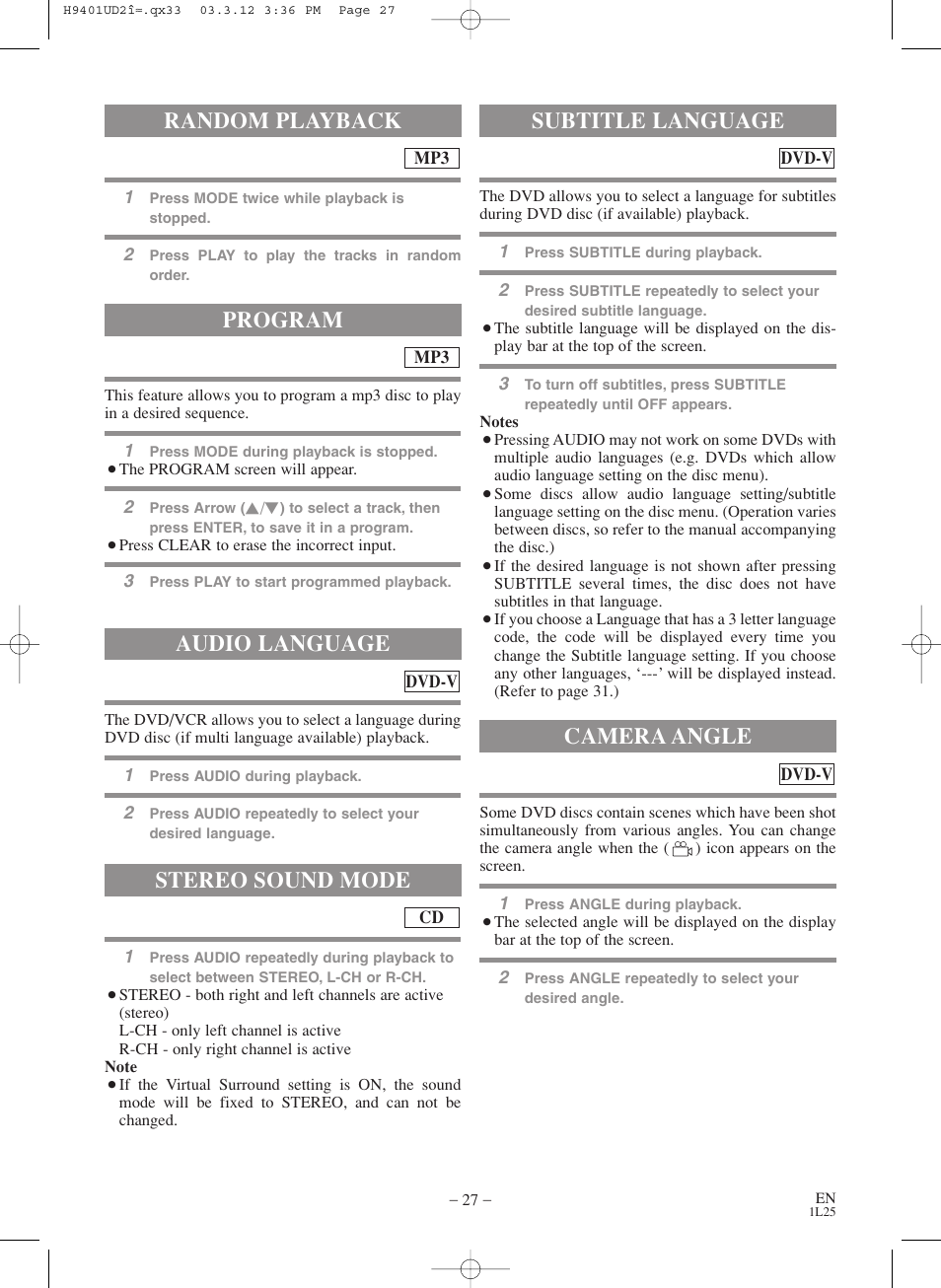 Random playback, Program audio language, Stereo sound mode | Subtitle language camera angle | Sylvania SSD803 User Manual | Page 27 / 44