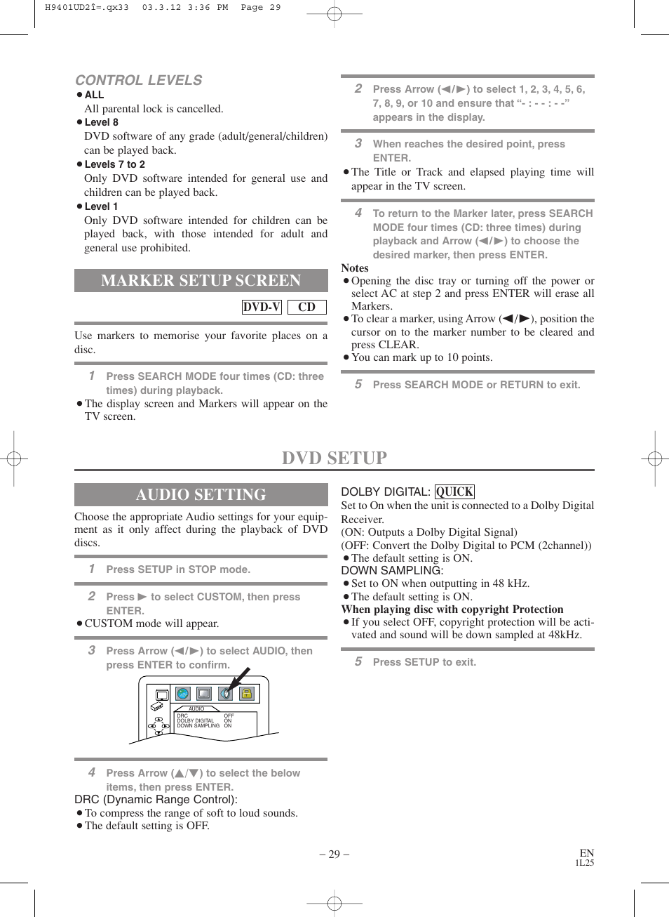 Dvd setup, Marker setup screen, Audio setting | Control levels | Sylvania SSD803 User Manual | Page 29 / 44