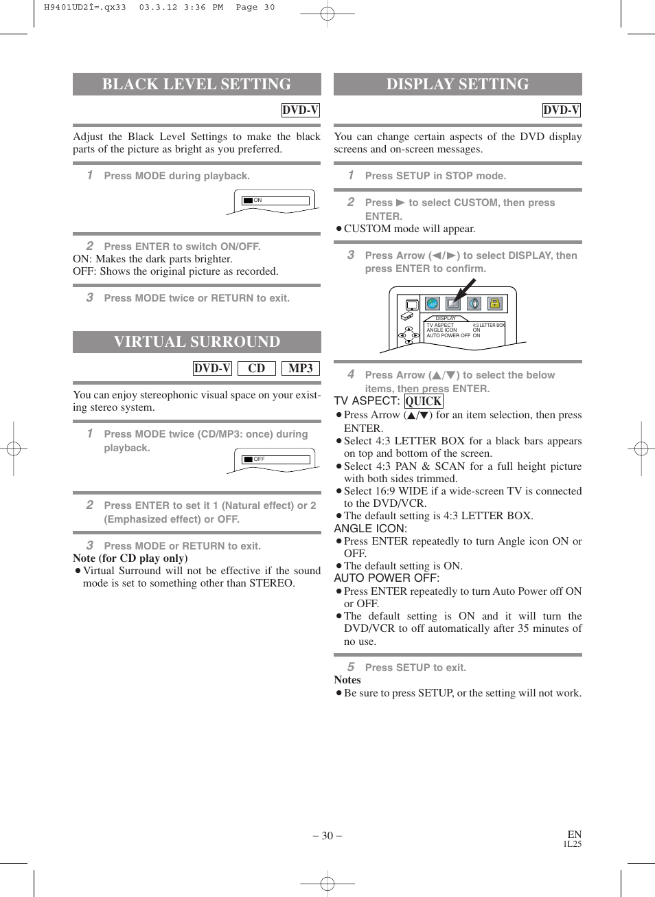 Black level setting, Virtual surround, Display setting | Sylvania SSD803 User Manual | Page 30 / 44