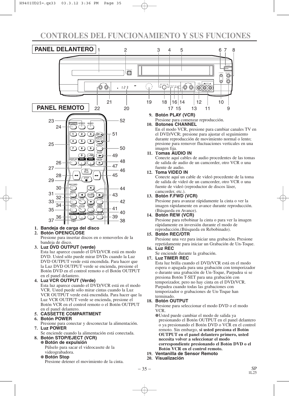 Controles del funcionamiento y sus funciones, Panel delantero panel remoto | Sylvania SSD803 User Manual | Page 35 / 44
