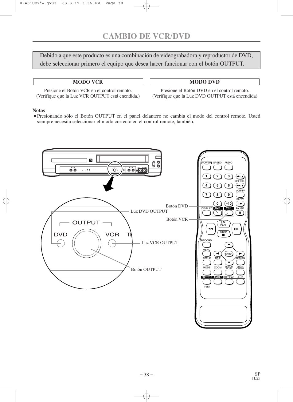Cambio de vcr/dvd, Modo vcr, Modo dvd | Vcr dvd tim output, Notas | Sylvania SSD803 User Manual | Page 38 / 44