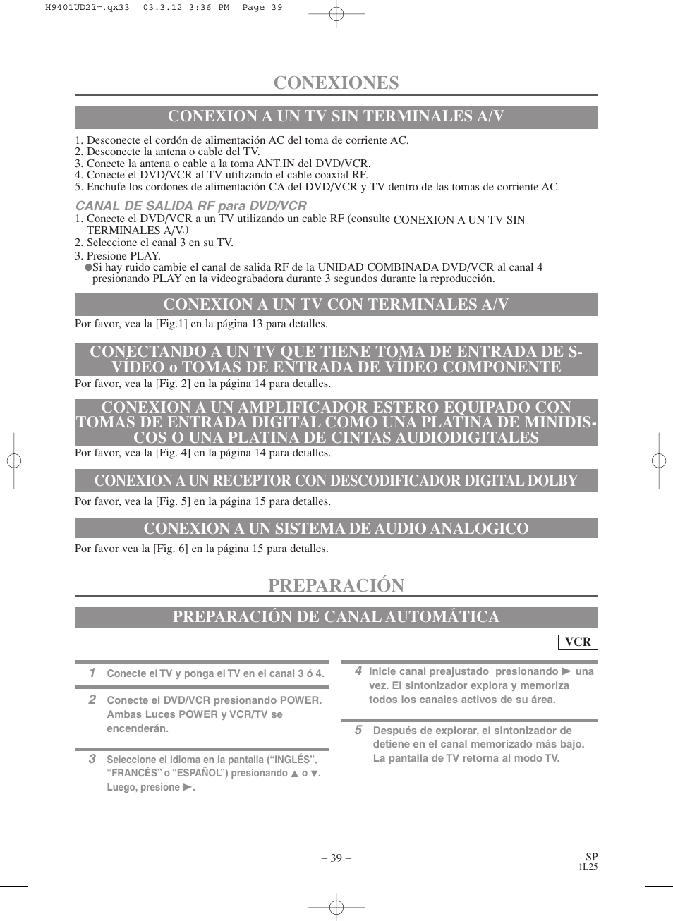 Conexiones, Preparación, Conexion a un sistema de audio analogico | Preparación de canal automática | Sylvania SSD803 User Manual | Page 39 / 44