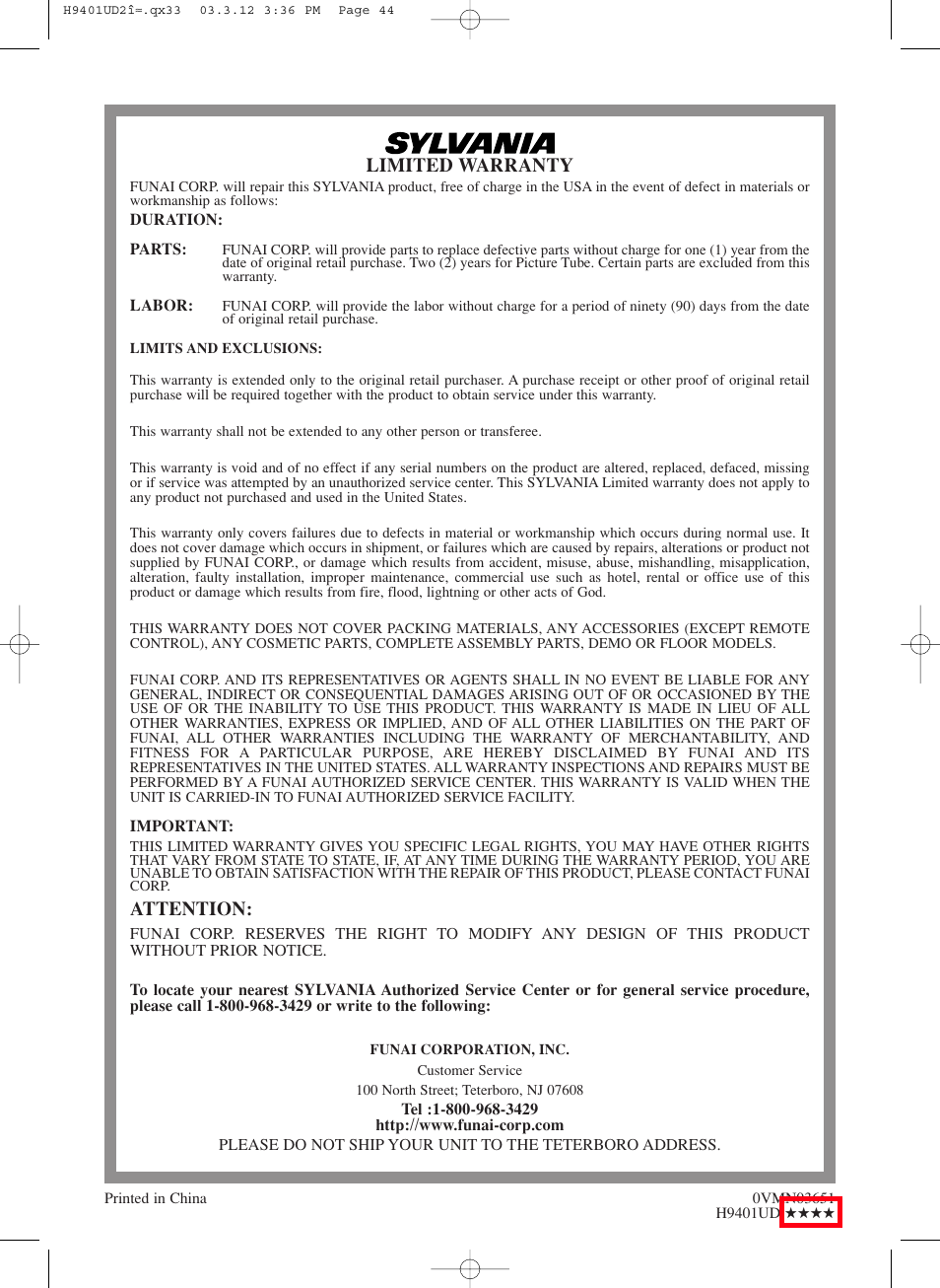 Limited warranty, Attention | Sylvania SSD803 User Manual | Page 44 / 44