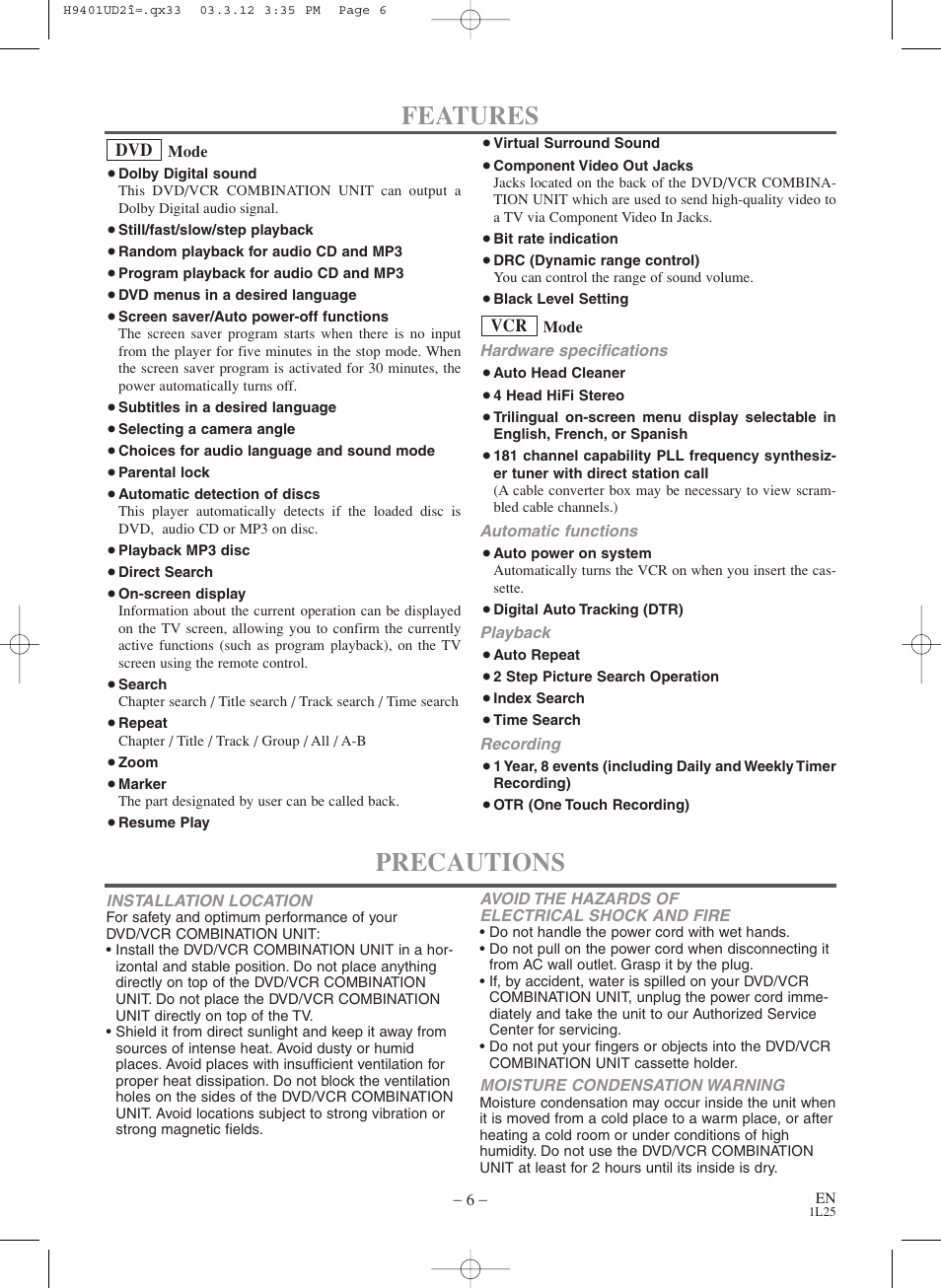 Features, Precautions | Sylvania SSD803 User Manual | Page 6 / 44