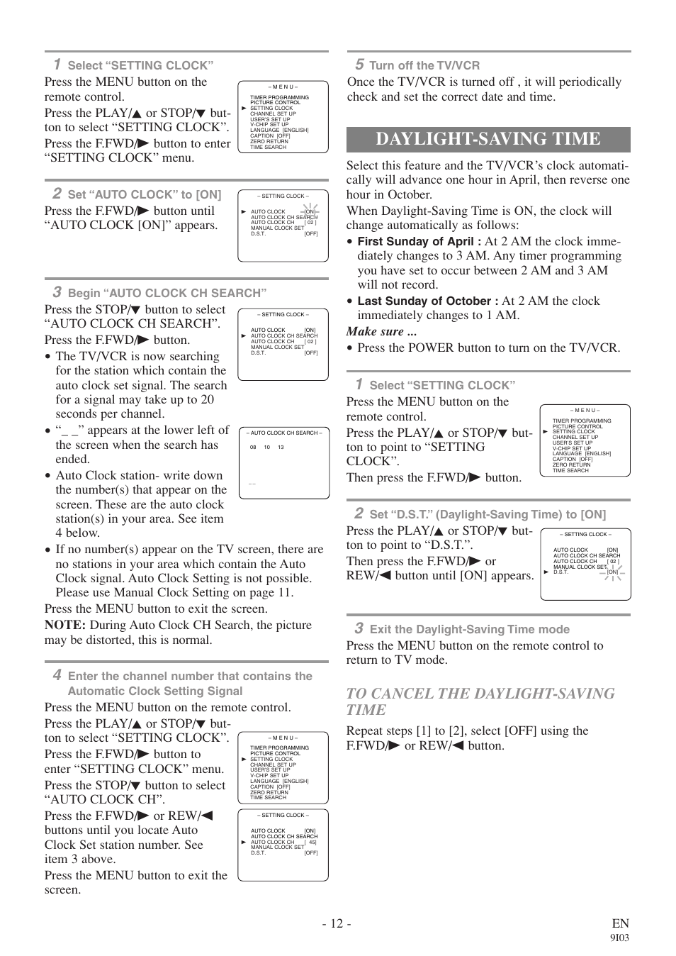 Daylight-saving time, 12 - en, Press the power button to turn on the tv/vcr | Sylvania RSEC313E User Manual | Page 12 / 32