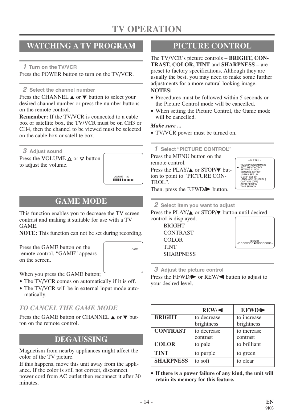 Tv operation, Watching a tv program, Game mode | Picture control, Degaussing | Sylvania RSEC313E User Manual | Page 14 / 32