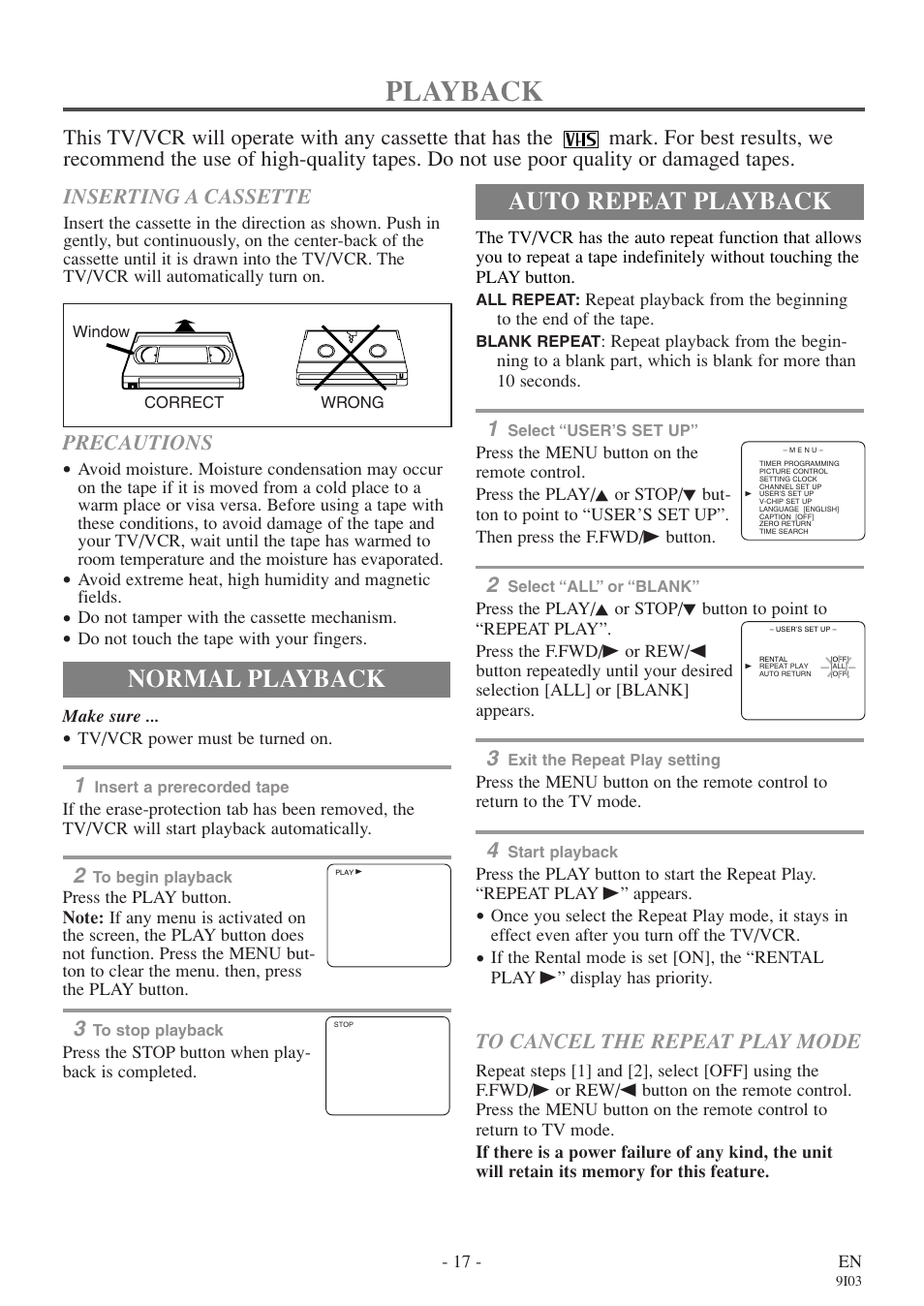 Playback, Auto repeat playback, Normal playback | Inserting a cassette, Precautions | Sylvania RSEC313E User Manual | Page 17 / 32