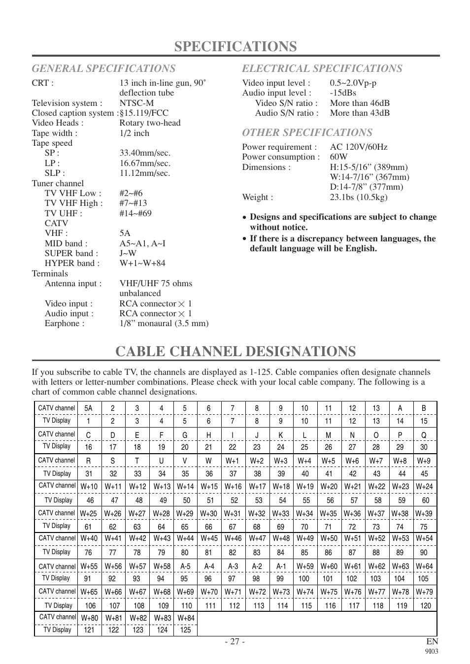 Specifications, Cable channel designations, General specifications | Electrical specifications, Other specifications | Sylvania RSEC313E User Manual | Page 27 / 32