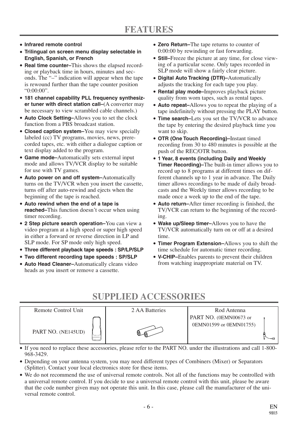 Features, Supplied accessories | Sylvania RSEC313E User Manual | Page 6 / 32