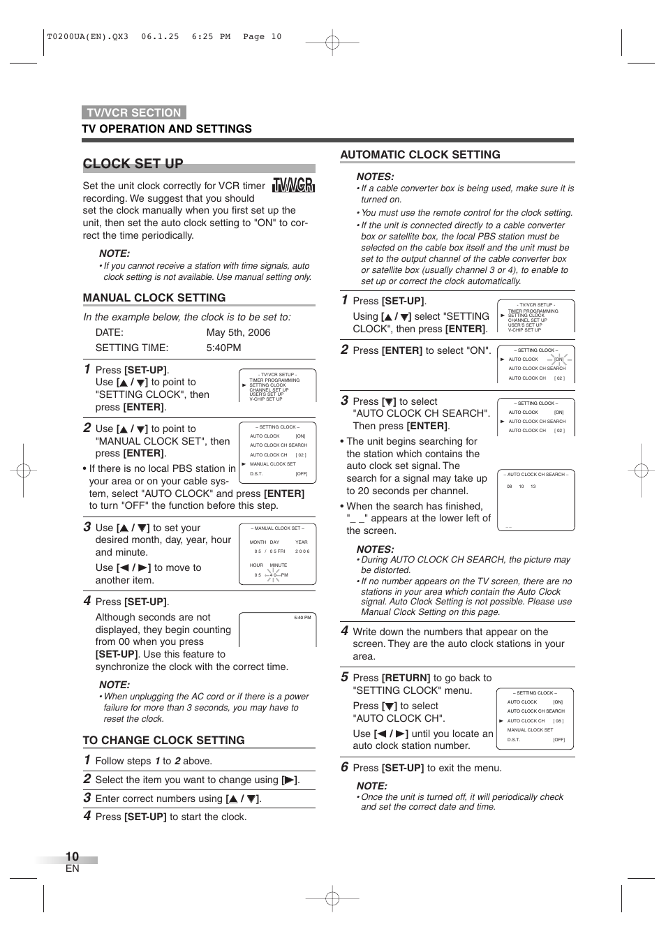 Tv/vcr, Clock set up, Automatic clock setting | Manual clock setting | Sylvania 6719DG User Manual | Page 10 / 44