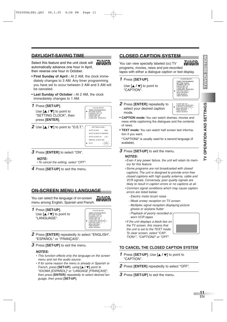 Tv/vcr, Closed caption system, Daylight-saving time | On-screen menu language | Sylvania 6719DG User Manual | Page 11 / 44