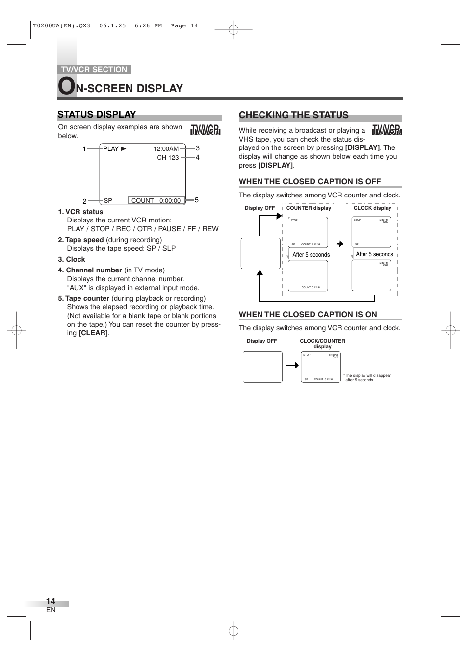 Tv/vcr, N-screen display, Status display | Checking the status | Sylvania 6719DG User Manual | Page 14 / 44