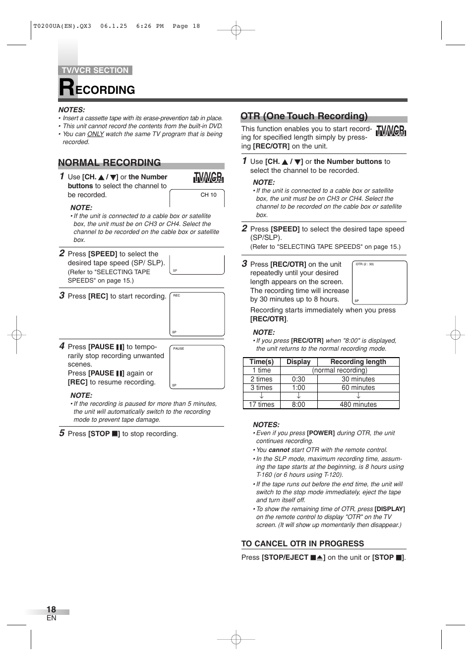 Tv/vcr, Ecording, Normal recording | Otr (one touch recording) | Sylvania 6719DG User Manual | Page 18 / 44