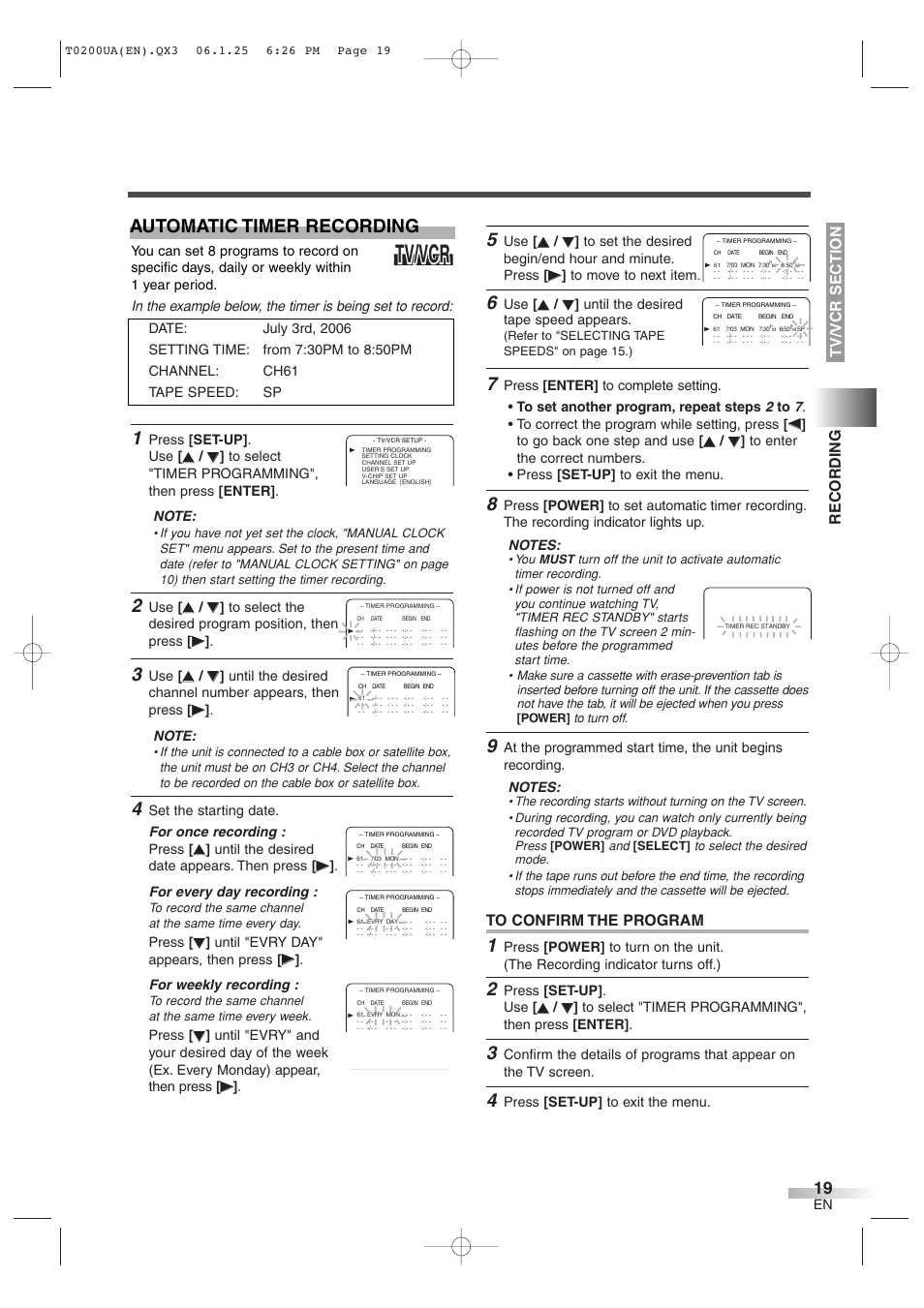 Tv/vcr, Automatic timer recording, Until the desired tape speed appears | Press [set-up] . use, Press [set-up] to exit the menu, Set the starting date. for once recording : press, Press | Sylvania 6719DG User Manual | Page 19 / 44