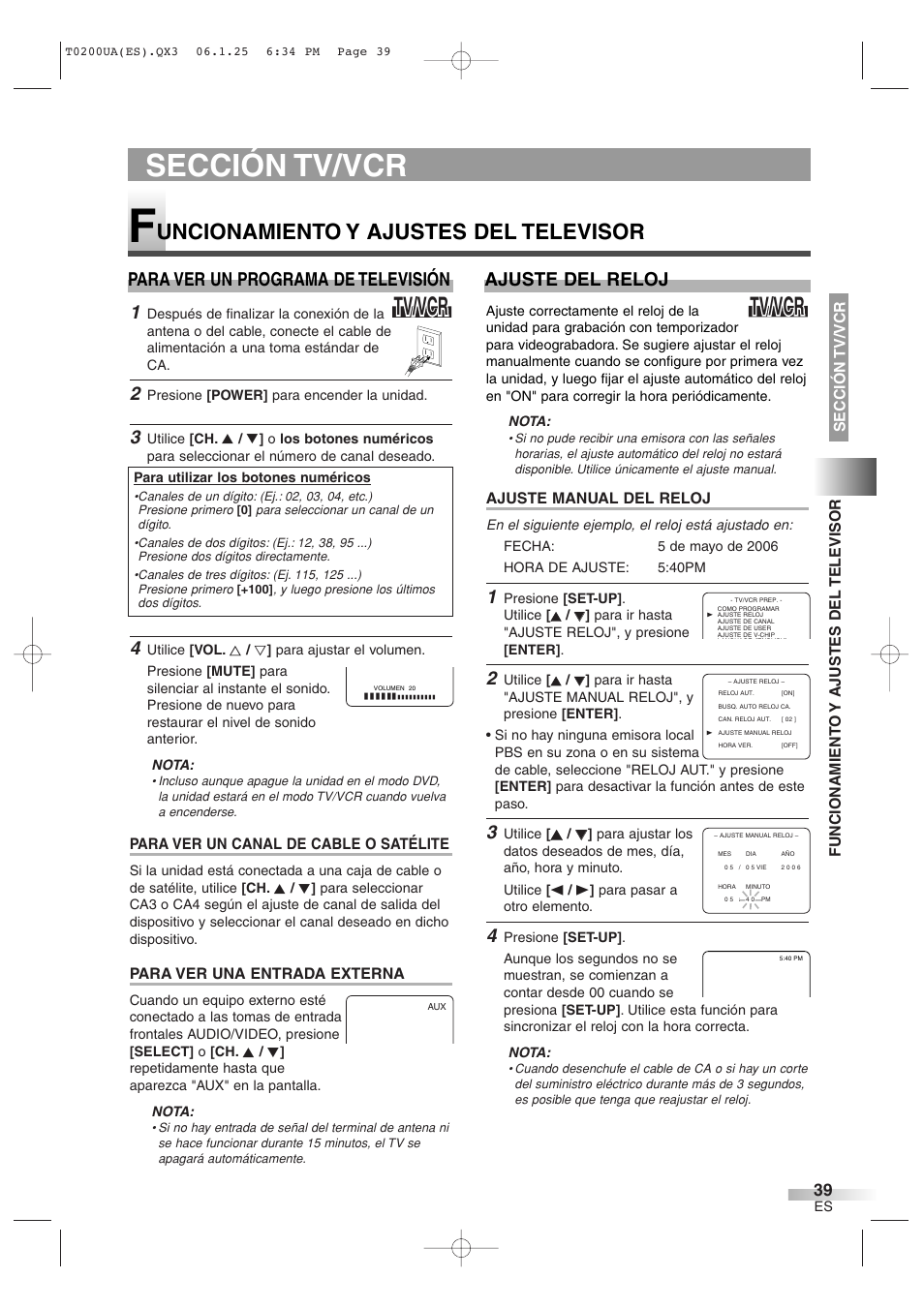 Sección tv/vcr, Tv/vcr, Uncionamiento y ajustes del televisor | Para ver un programa de televisión, Ajuste del reloj | Sylvania 6719DG User Manual | Page 39 / 44