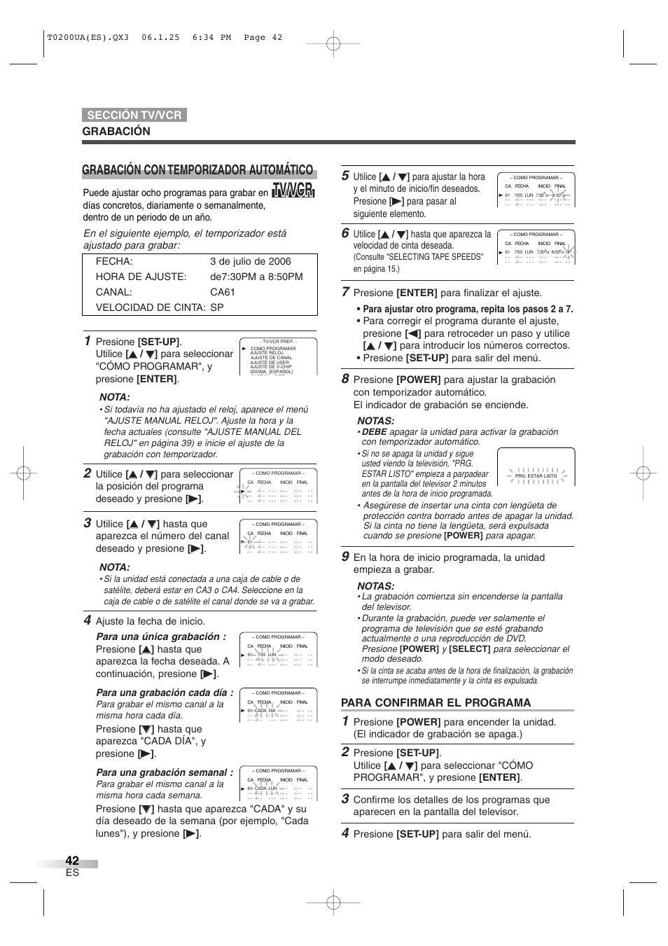 Tv/vcr, Grabación con temporizador automático, Para confirmar el programa | Grabación sección tv/vcr, Utilice, Hasta que aparezca la velocidad de cinta deseada, Presione [set-up] . utilice, Presione [set-up] para salir del menú, Presione | Sylvania 6719DG User Manual | Page 42 / 44