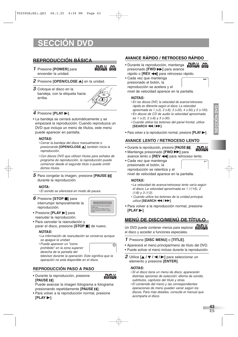 Sección dvd, Reproducción básica, Menú de disco/menú de título | Sylvania 6719DG User Manual | Page 43 / 44