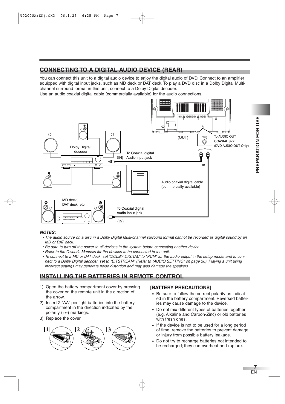 Connecting to a digital audio device (rear), 21 3 installing the batteries in remote control | Sylvania 6719DG User Manual | Page 7 / 44