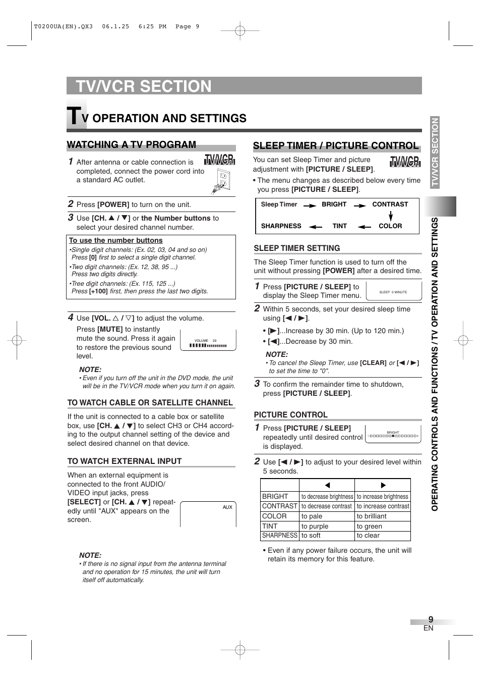 Tv/vcr, V operation and settings, Watching a tv program | Sleep timer / picture control | Sylvania 6719DG User Manual | Page 9 / 44