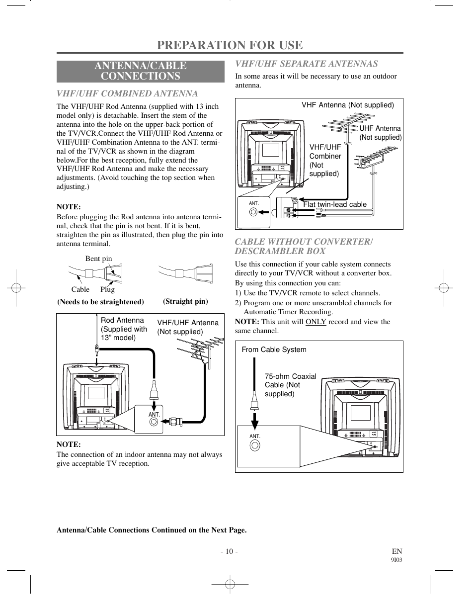 Preparation for use, Antenna/cable connections | Sylvania 6319CCC User Manual | Page 10 / 32