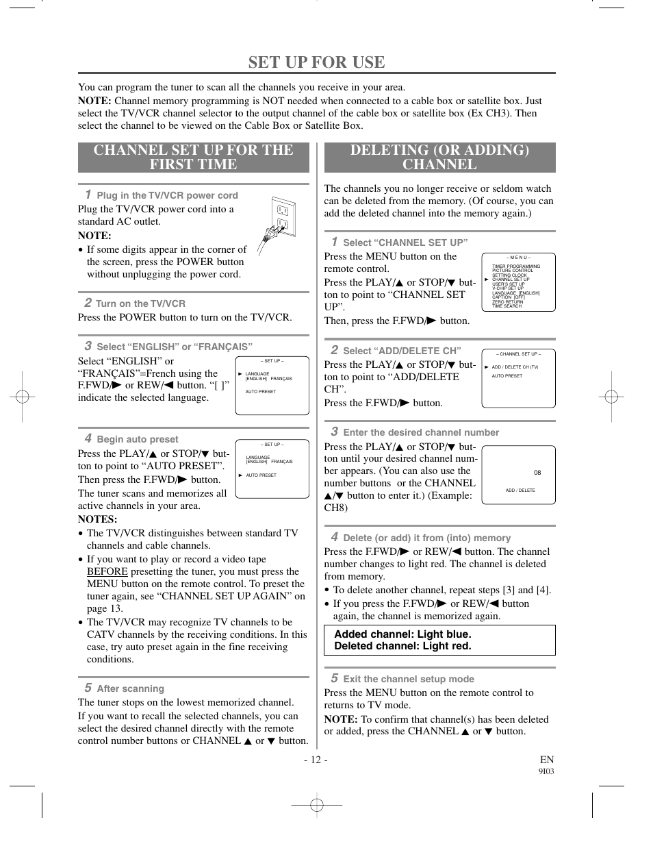 Set up for use, Channel set up for the first time, Deleting (or adding) channel | Sylvania 6319CCC User Manual | Page 12 / 32