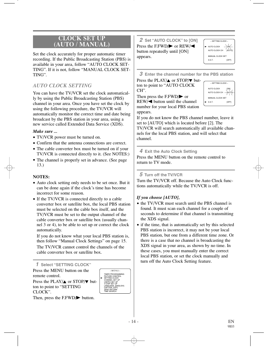 Clock set up (auto / manual), Auto clock setting | Sylvania 6319CCC User Manual | Page 14 / 32