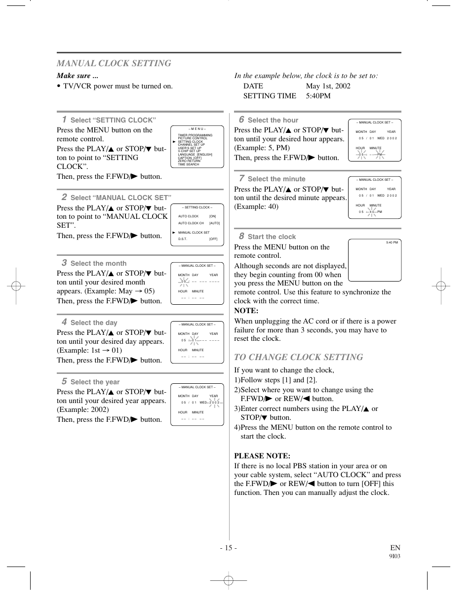 Manual clock setting, 15 - en, Make sure | Select “setting clock, Select “manual clock set, Select the month, Select the day, Select the year, Select the hour, Select the minute | Sylvania 6319CCC User Manual | Page 15 / 32