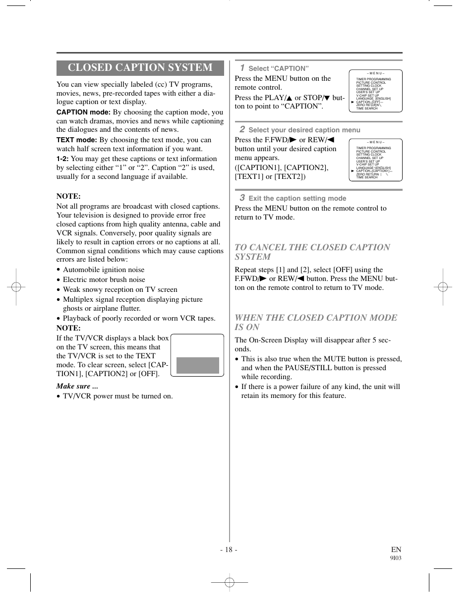 Closed caption system | Sylvania 6319CCC User Manual | Page 18 / 32