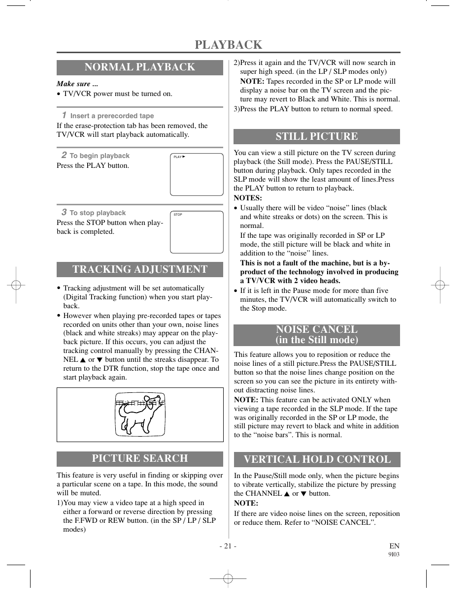 Playback, Normal playback, Tracking adjustment | Picture search, Still picture | Sylvania 6319CCC User Manual | Page 21 / 32