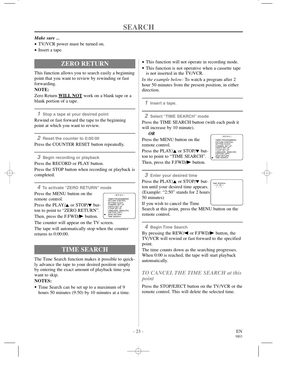 Search, Zero return, Time search | Sylvania 6319CCC User Manual | Page 23 / 32
