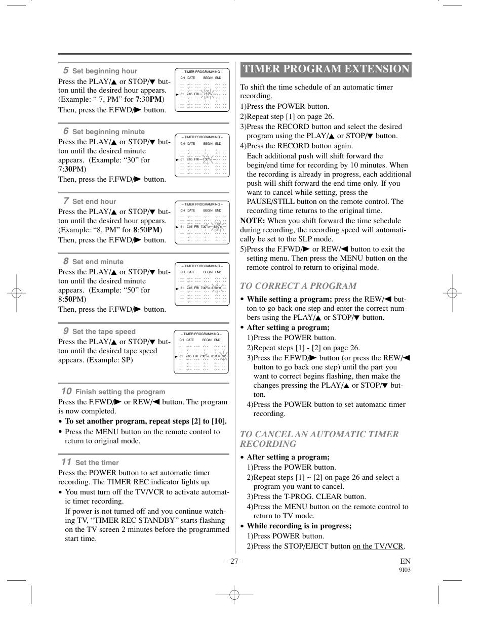 Timer program extension, 27 - en, Set beginning hour | Set beginning minute, Set end hour, Set end minute, Set the tape speed, Finish setting the program, Set the timer, 9i03 | Sylvania 6319CCC User Manual | Page 27 / 32