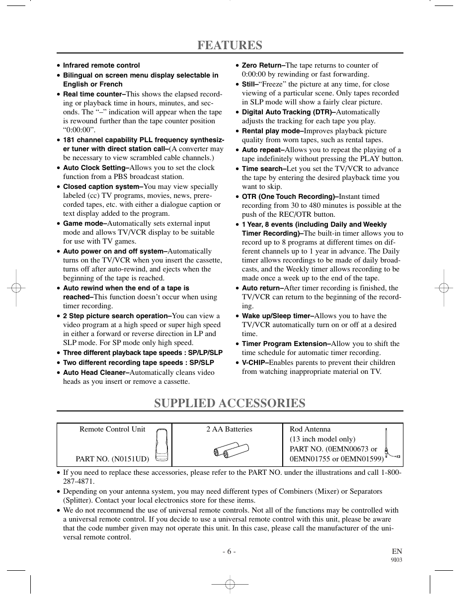 Features, Supplied accessories | Sylvania 6319CCC User Manual | Page 6 / 32