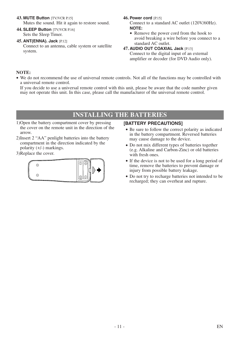 Installing the batteries | Sylvania 6727DF User Manual | Page 11 / 56