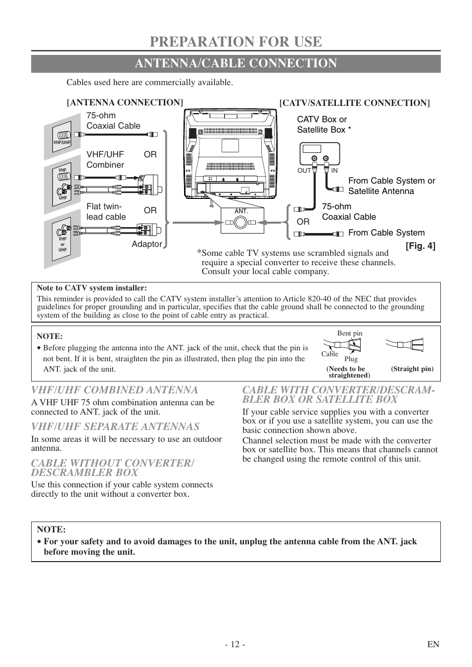 Preparation for use, Antenna/cable connection, Vhf/uhf combined antenna | Vhf/uhf separate antennas, Cable without converter/ descrambler box | Sylvania 6727DF User Manual | Page 12 / 56
