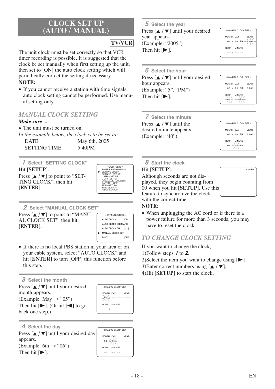 Clock set up (auto / manual), Manual clock setting, Tv/vcr | 18 - en, Make sure, Select the year, Select the hour, Select the minute, Start the clock, Select “setting clock | Sylvania 6727DF User Manual | Page 18 / 56