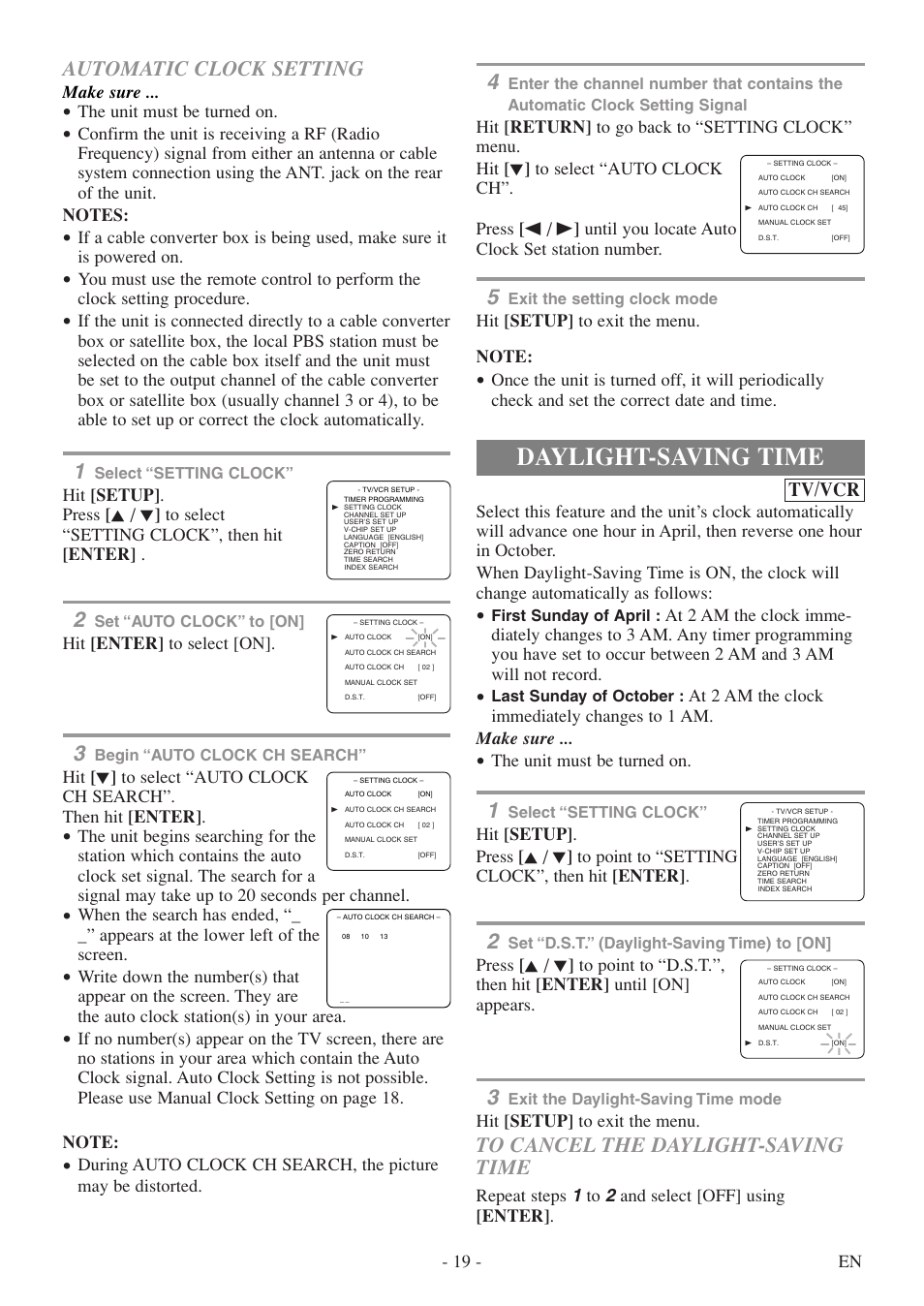 Daylight-saving time, Automatic clock setting, Tv/vcr | 19 - en, The unit must be turned on, Hit [setup] to exit the menu, Repeat steps 1 to 2 and select [off] using [enter, Make sure, Hit [enter] to select [on | Sylvania 6727DF User Manual | Page 19 / 56