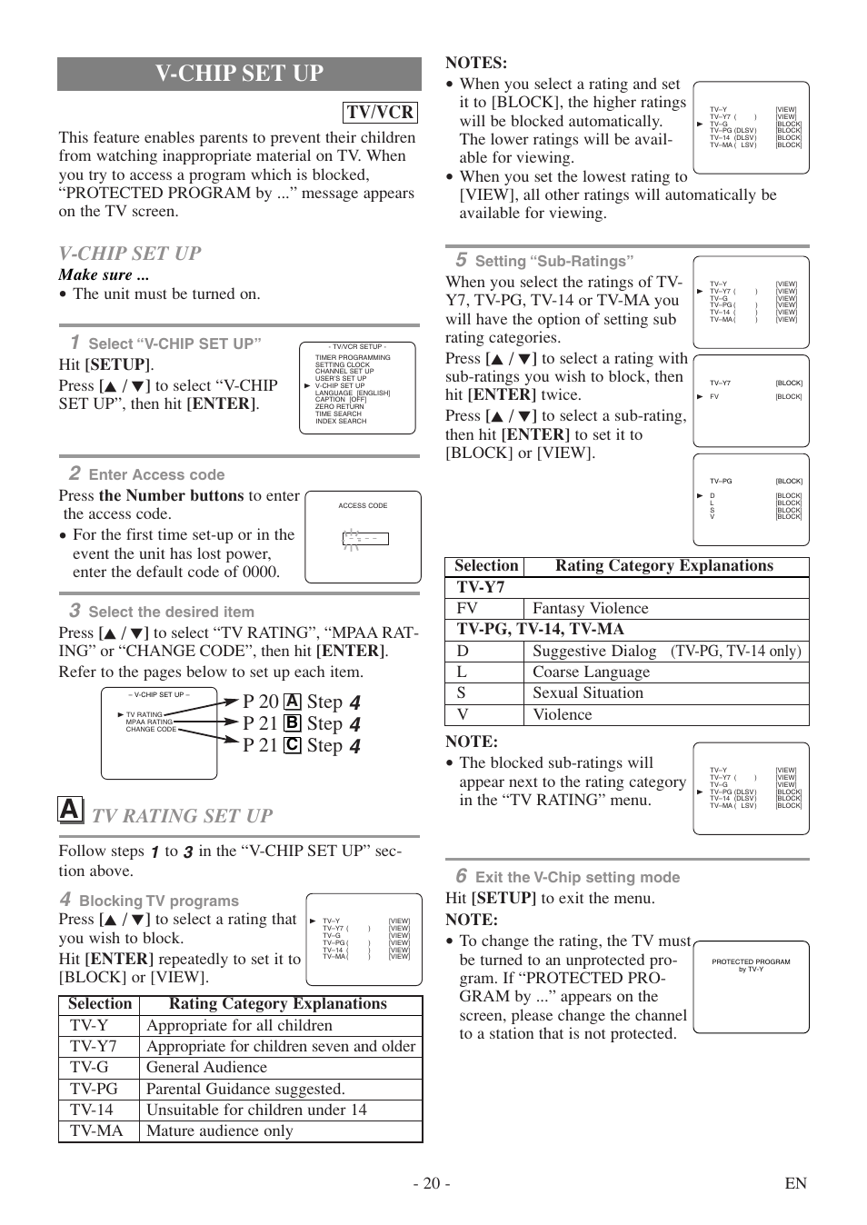 V-chip set up, Tv rating set up, Tv/vcr | Make sure, The unit must be turned on, Press the number buttons to enter the access code, 20 - en, Ab c | Sylvania 6727DF User Manual | Page 20 / 56