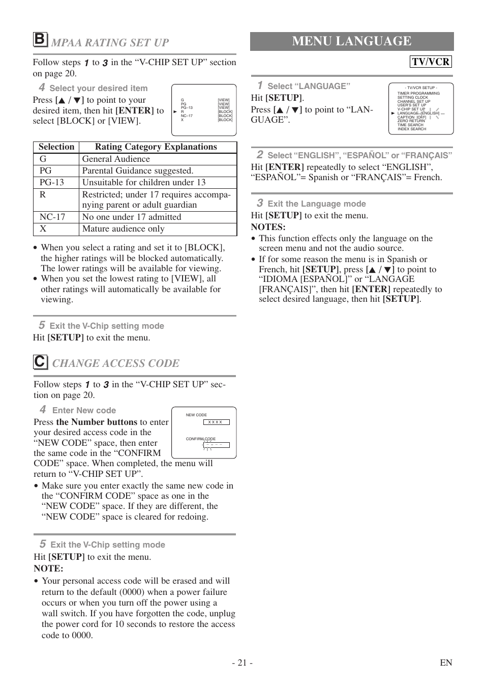 Menu language, Change access code, Mpaa rating set up | Tv/vcr | Sylvania 6727DF User Manual | Page 21 / 56