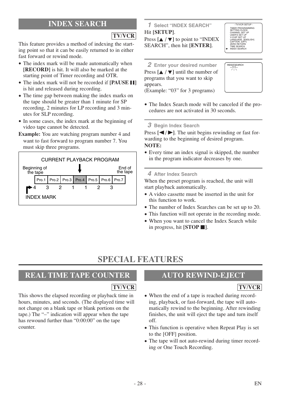 Special features, Real time tape counter auto rewind-eject, Index search | Sylvania 6727DF User Manual | Page 28 / 56