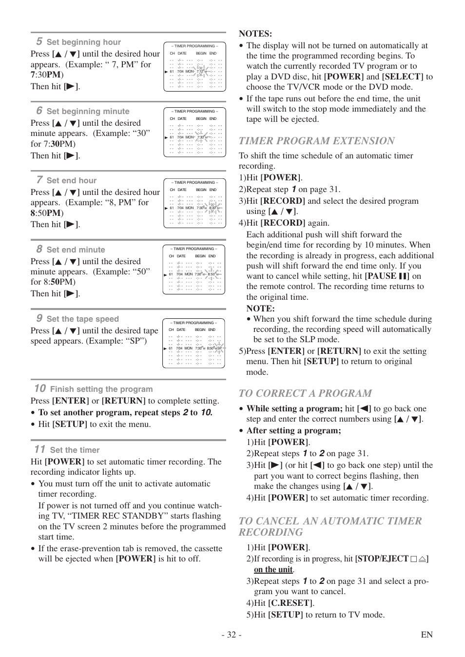 Timer program extension, Press [enter] or [return] to complete setting, Hit [setup] to exit the menu | Set beginning hour, Set beginning minute, Set end hour, Set end minute, Set the tape speed, Finish setting the program, Set the timer | Sylvania 6727DF User Manual | Page 32 / 56